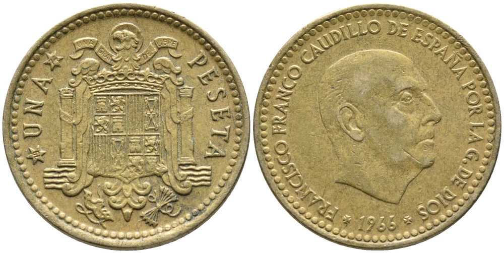 Испания 1 песета 1966 (74) Франсиско Франко (1939-1975) KM 796 алюминиевая бронза 110-1251