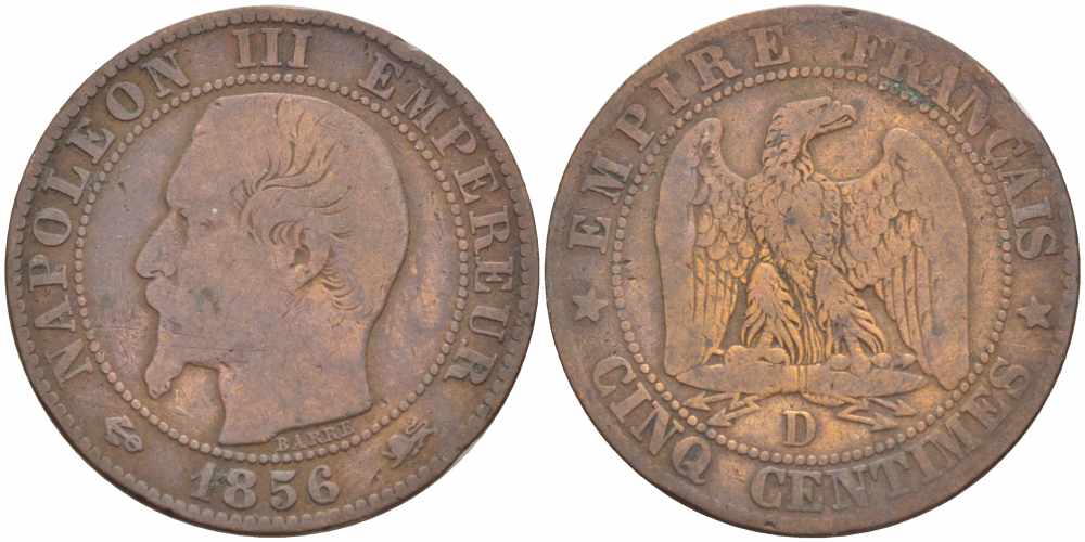 ФРАНЦИЯ 5 САНТИМОВ 1856 D, НАПОЛЕОН III (1852-1870) KM 777.4, LE FRANC 116.33 бронза 108-432