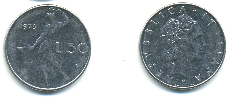 ИТАЛИЯ 50 ЛИР 1979 R, КУЗНЕЦ KM 95.1 нержавеющая сталь 80-1244