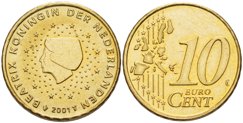 Нидерланды 10 евроцентов 2001 Беатрикс (1980-2013) KM 237 нордик 83-1416