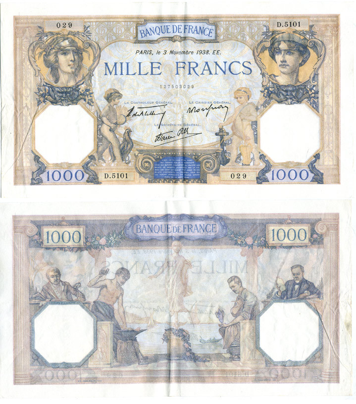 Франция 1000 франков 1938 3 ноября 1938 ЕЕ Pick 90с бумага 434-6-2-1