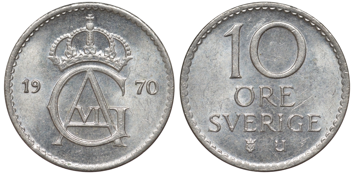 Швеция 10 эре 1970 Густав VI Адольф (1950-1973) KM 835 медно-никель 4596-331