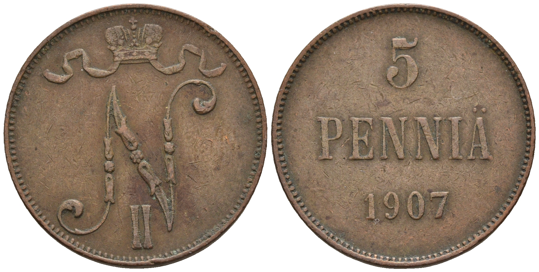 Россия для Финляндии 5 пенни 1907 Николай II (1894-1917) KM 15, Биткин 448 медь 259-1135