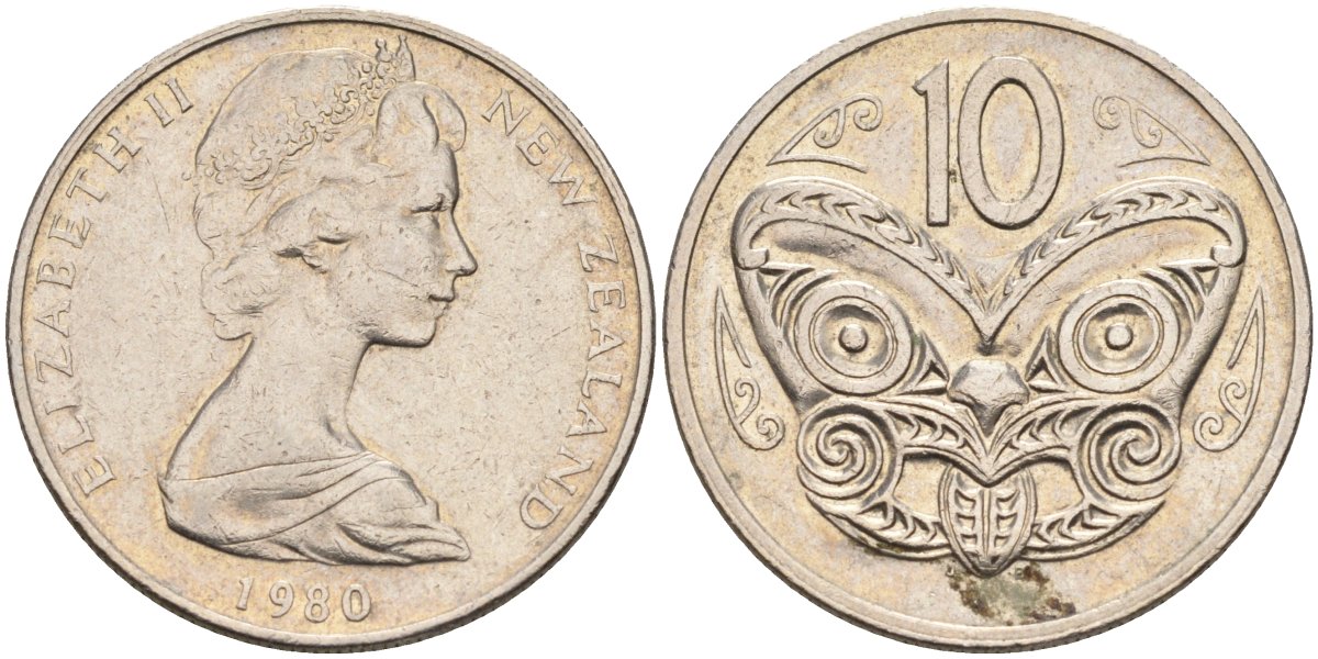Новая Зеландия 10 центов 1980 Елизавета II (1952-2022), маска маори KM 41.1 медно-никель 4126-1227