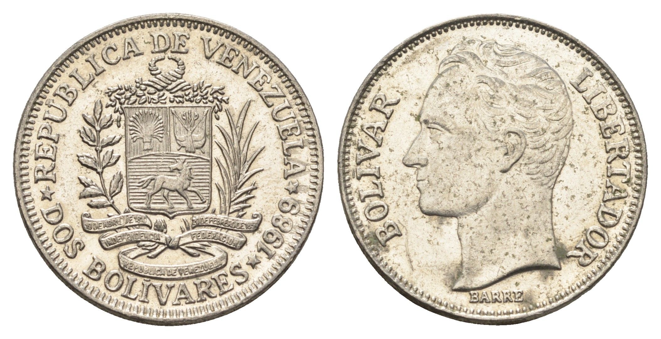 Венесуэла 2 боливара 1989 Симон Боливар Y 43a сталь плакированная никелем 4662-942
