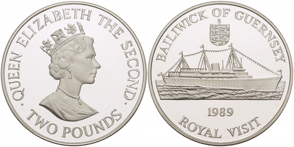 Гернси 2 фунта 1989 королевский визит, королевская яхта Британия KM 52a серебро PROOF 11-176-25
