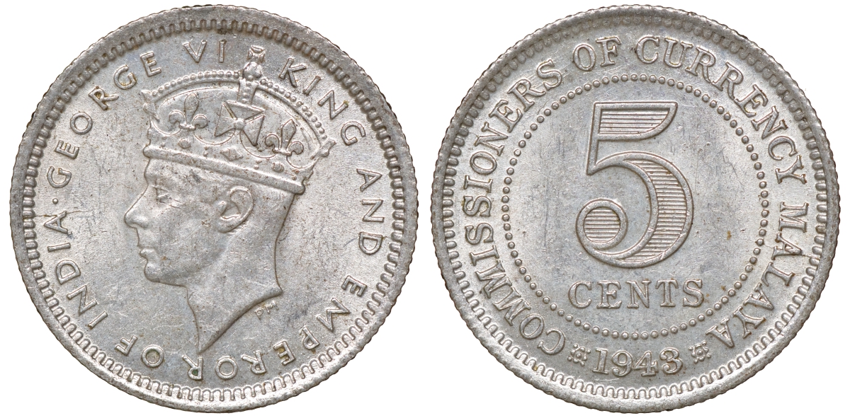 Британская Малайя 5 центов 1943 Георг VI (1937-1952) KM 3a серебро 53-157