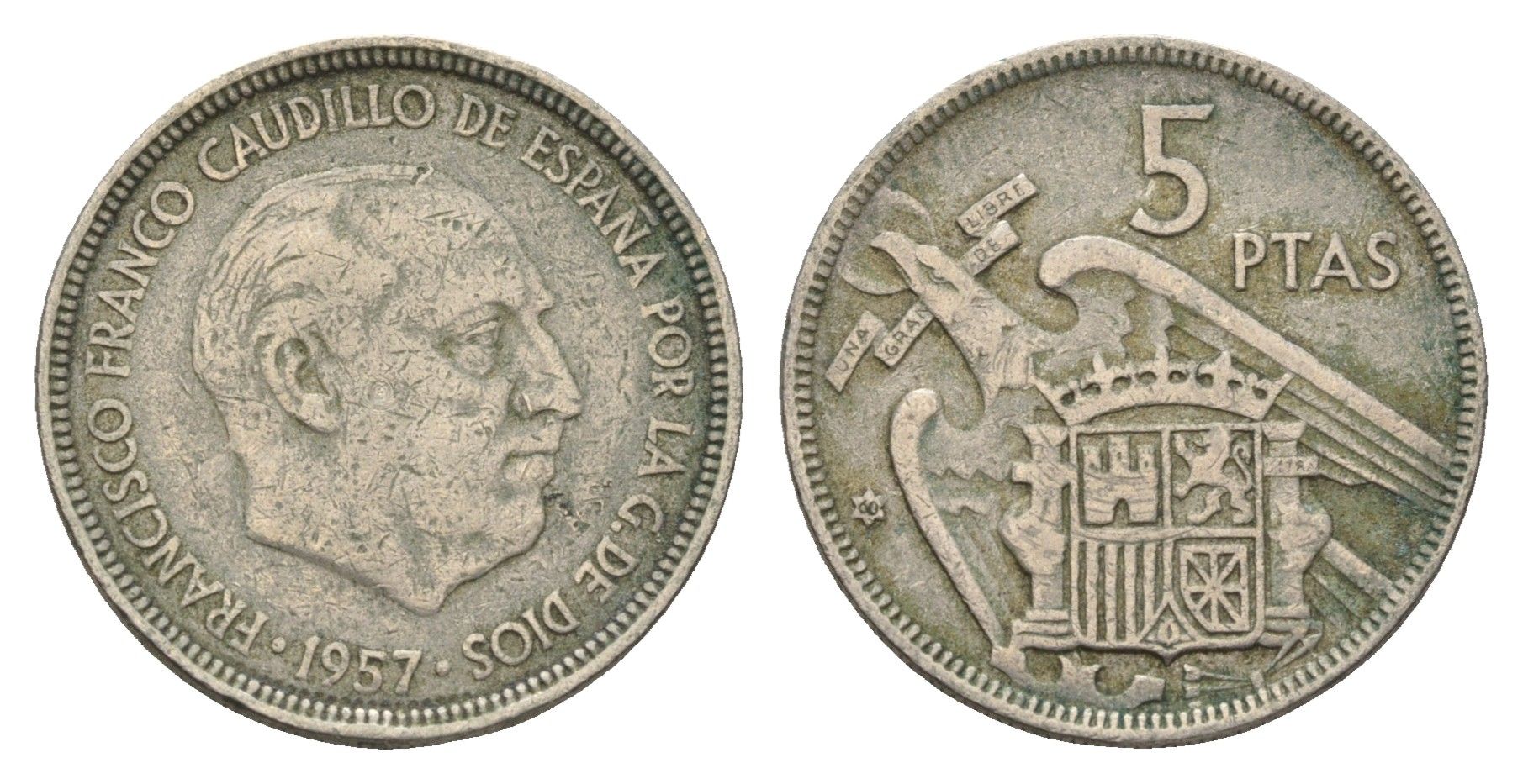 Испания 5 песет 1957 (60) Франсиско Франко (1939-1975) KM 786 медно-никель 4673-952