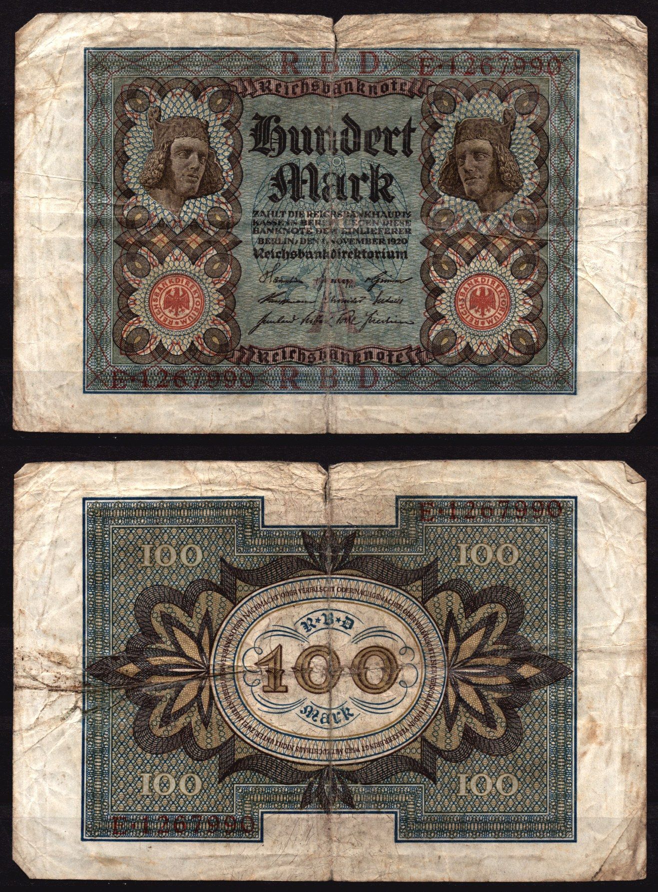 Германия 100 марок 1924 Веймар,7 цифр в номере, A, «Бамбергский всадник» из оперы «Купол Бамберга». Pick 69 a бумага 6289-19-1-1