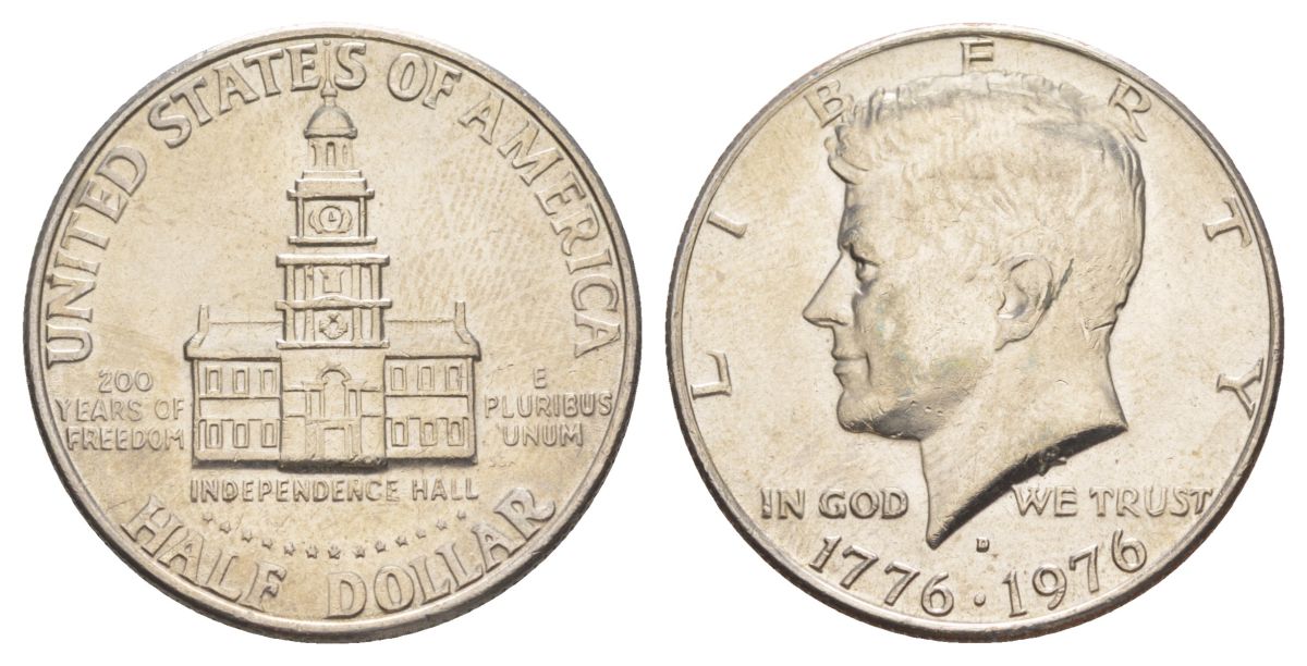 США 1/2 доллара (50 центов) 1976 D, 200 лет независимости, Джон Кеннеди KM 205 медь плакированная медно-никелем aUNC 4557-335