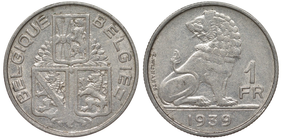 Бельгия 1 франк 1939 Леопольд III (1934-1950), Belgique-Belgie, лев KM 119 никель 4163-211
