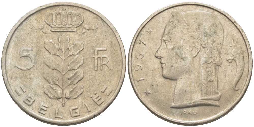 Бельгия 5 франков 1967 Belgie, Бодуэн I (1951-1993) KM 135.1 медно-никель 119-815