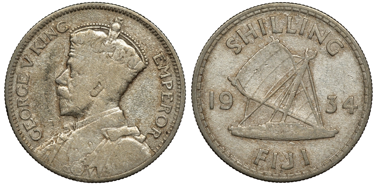 Фиджи 1 шиллинг 1934 Георг V (1910-1936), парусник KM 4 серебро 91-943