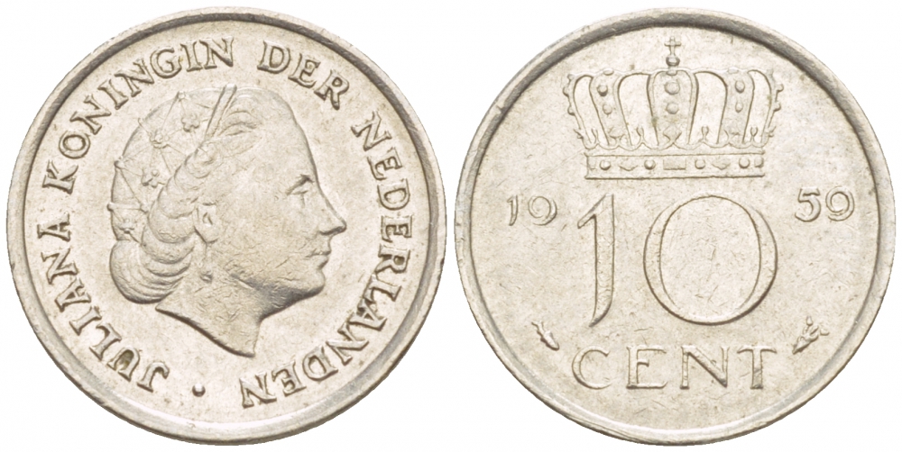НИДЕРЛАНДЫ 10 ЦЕНТОВ 1959 ЮЛИАНА KM 182 никель 4547-831