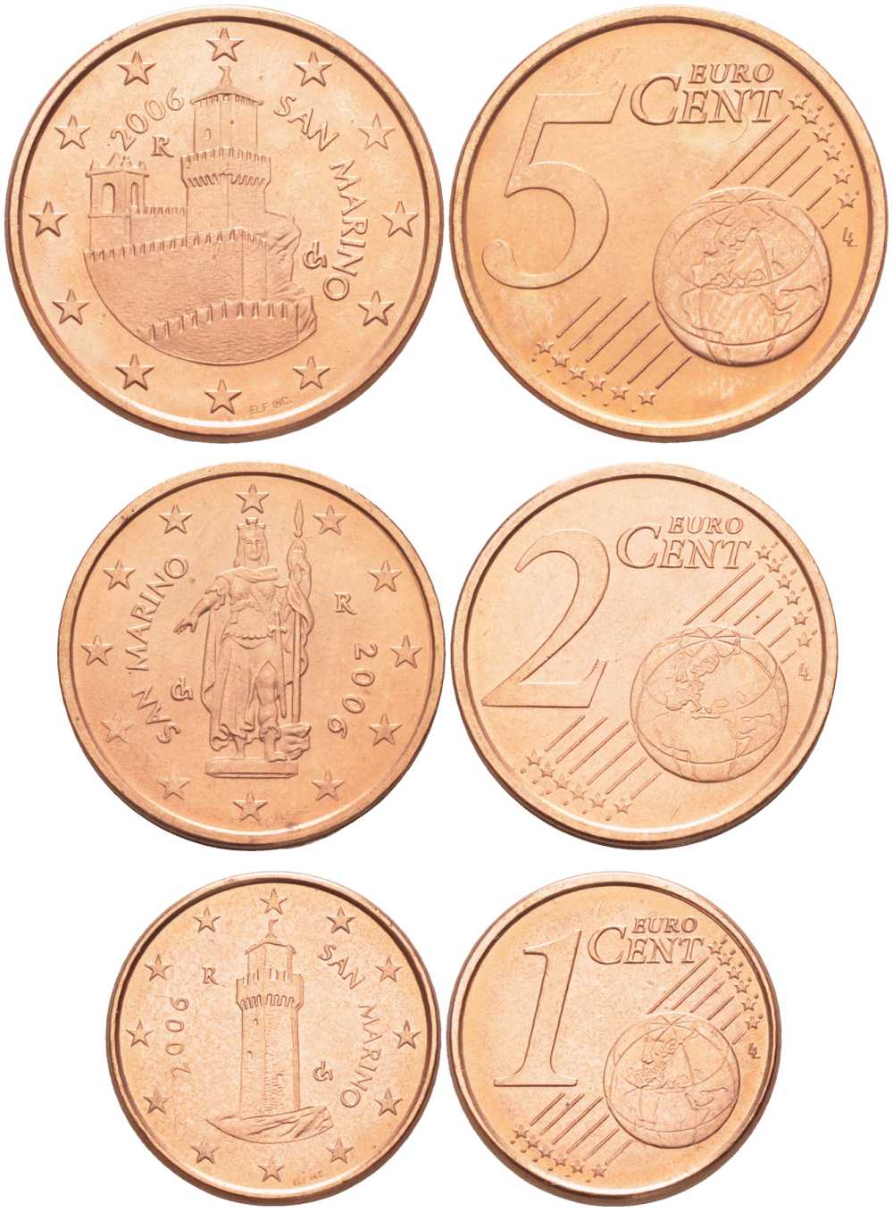 Сан-Марино лот из 3 монет 2006 1,2 и 5 евроцентов сталь плакированная медью UNC N4-49