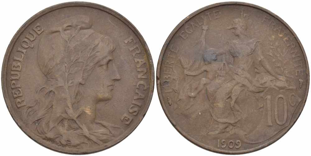 ФРАНЦИЯ 10 САНТИМОВ 1909 ТИП ДАНИЭЛЬ ДЮПЮИ KM 843, LA FRANC 136.19 бронза 109-241