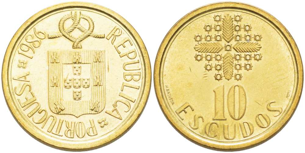 ПОРТУГАЛИЯ 10 ЭСКУДО 1986 KM 633 никель латунь XF+ 4513-1112