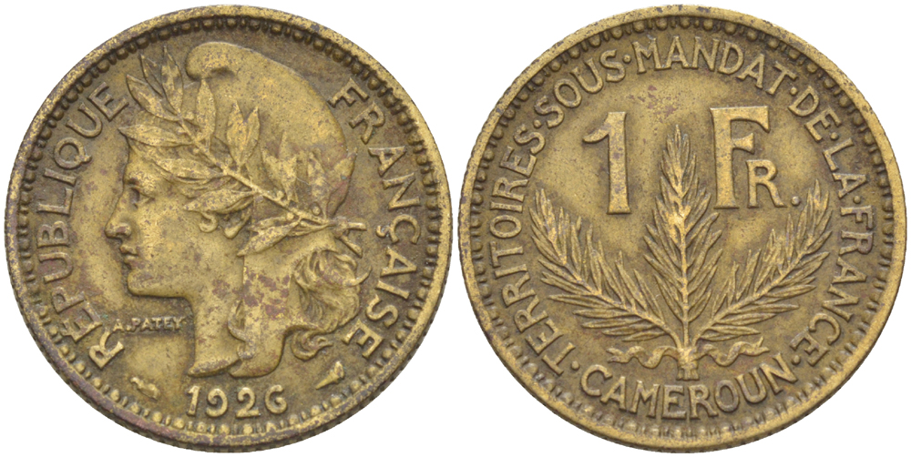 Французский Камерун 1 франк 1926 (а), монетный двор Париж KM 2 алюминиевая бронза 65-754