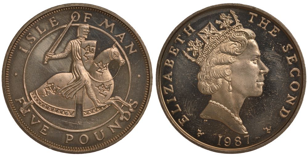 Остров Мэн 5 фунтов 1987 500 лет колледжу оружейников, рыцарь в доспехах на коне KM 150 вирениум UNC 1078-5-52