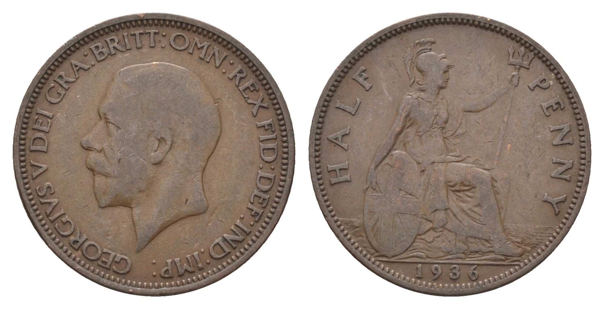 Великобритания 1/2 пенни 1936 Георг V (1910-1936) KM 837, Spink 4058 бронза 4662-1042