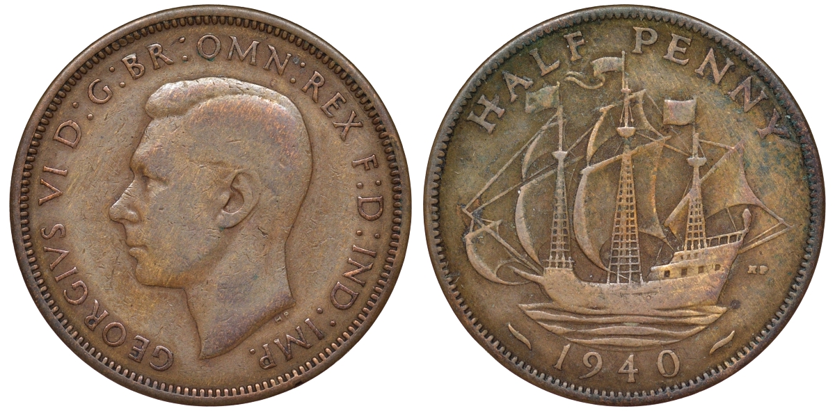 Великобритания 1/2 пенни 1940 Георг VI (1936-1952) KM 844, Spink 4115 бронза 4175-831