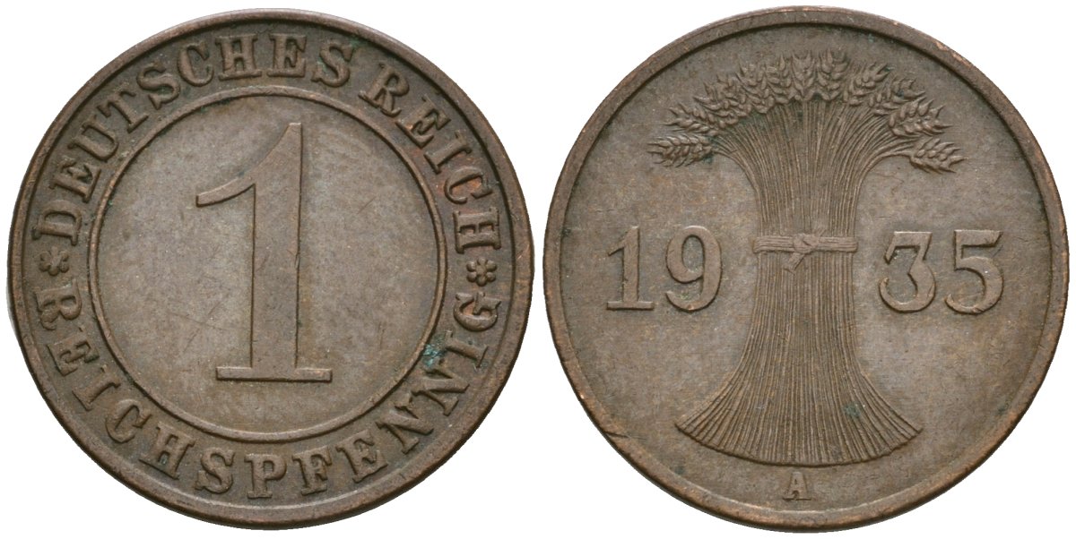 Германия 1 рейхспфенниг 1935 A KM 37, J. 313 бронза 4528-624