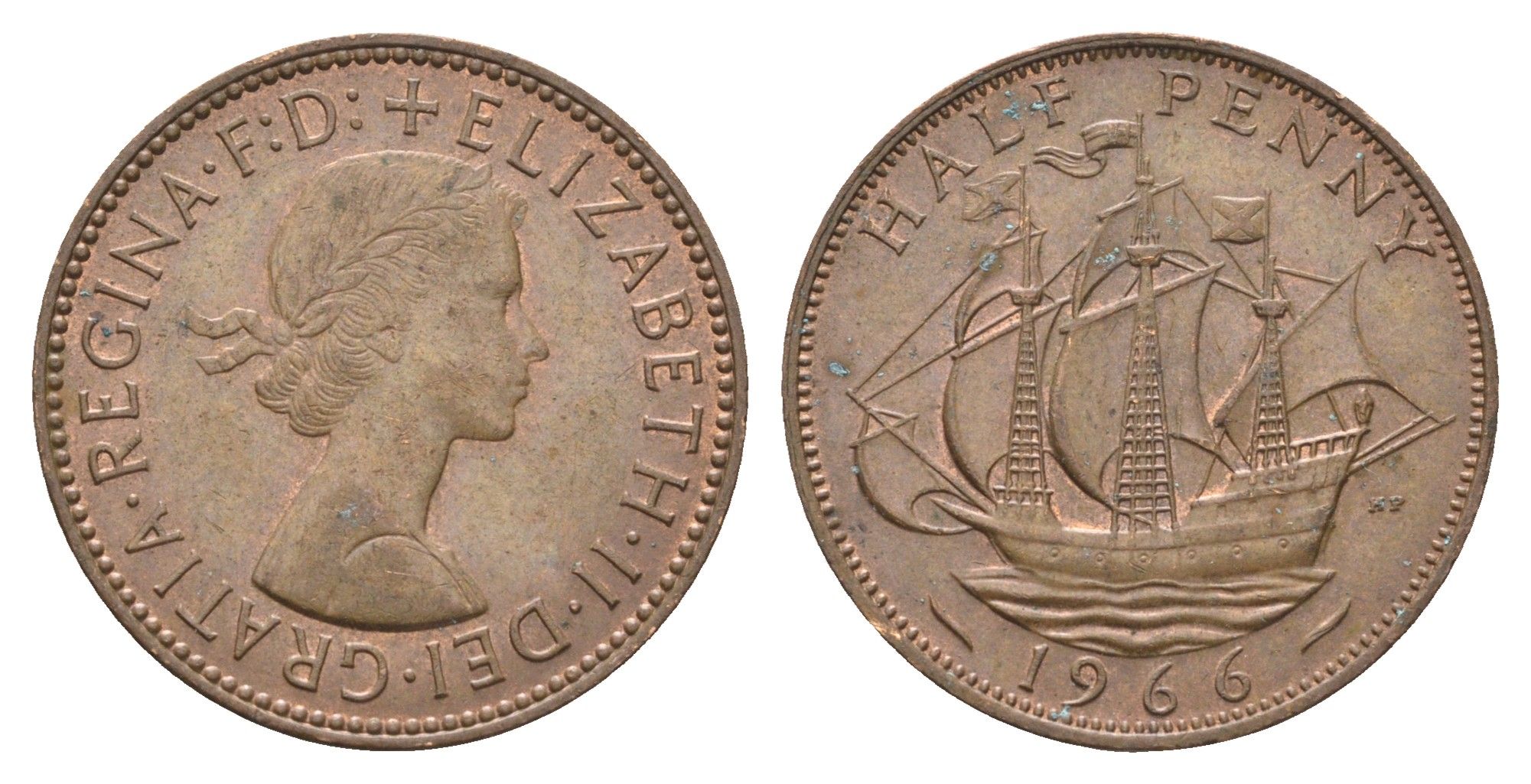 Великобритания 1/2 пенни 1966 Елизавета II (1952-2022) KM 896, Spink 4158 бронза 4663-121