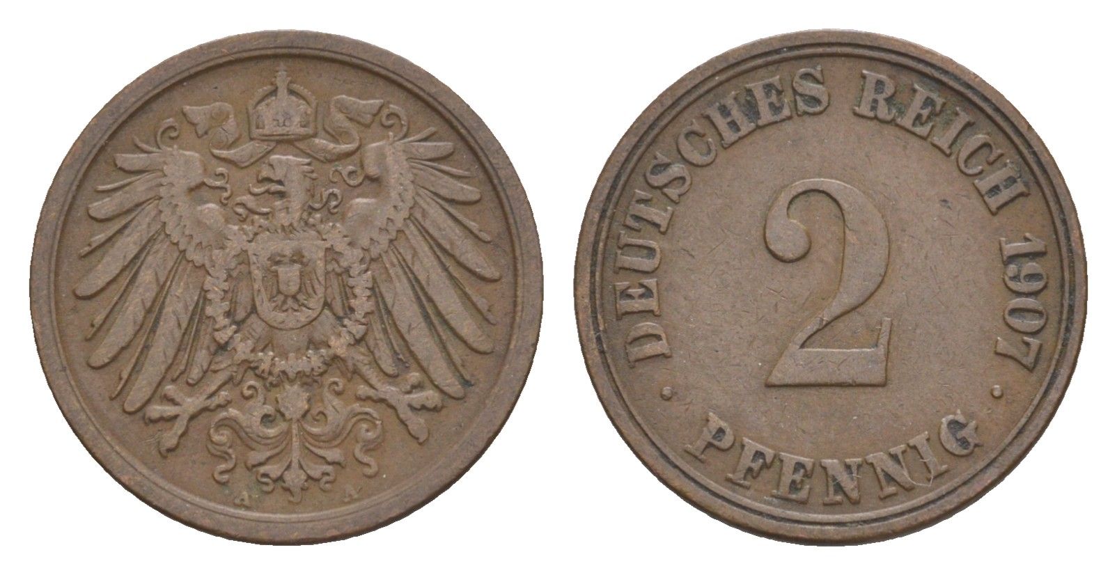 Германия 2 пфеннига 1907 A, Вильгельм II (1888-1918) KM 16, J. 11, Weege 4 медь 4639-1216