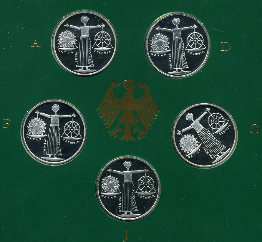 ФРГ набор из 5 штук по 10 марок 2000 A, D, F, G, J,  EXPO 2000 KM 199 серебро PROOF 6-5-2-14