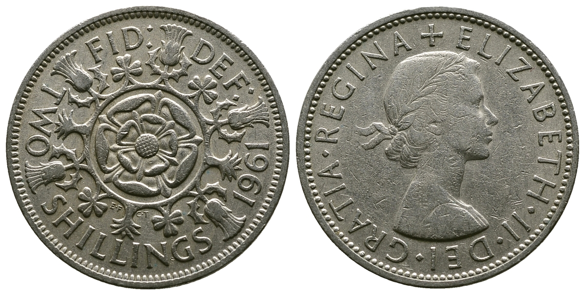 Великобритания 2 шиллинга (флорин) 1961 Елизавета II (1952-2022) KM 906, Spink 4146 медно-никель 4382-245