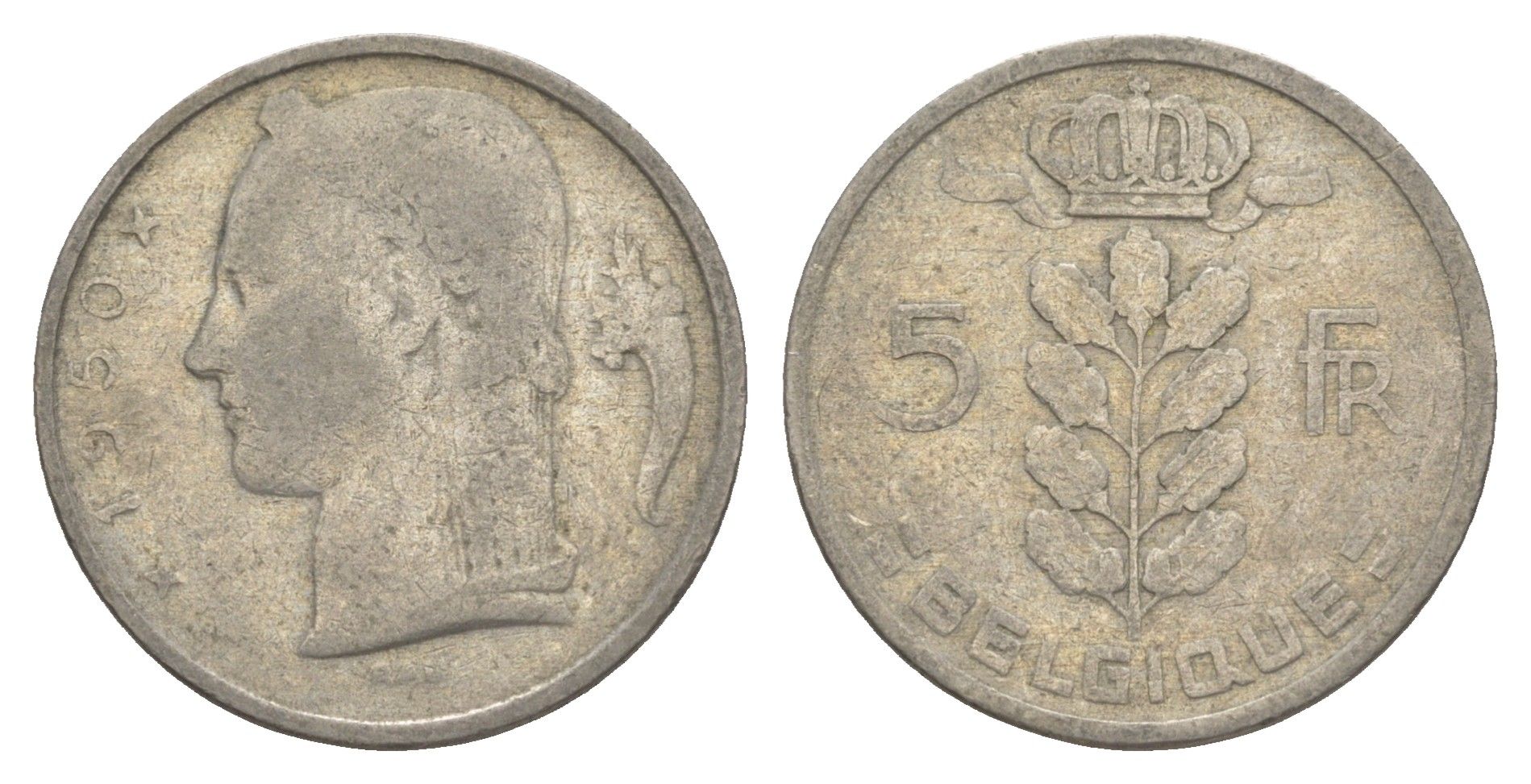 Бельгия 5 франков 1950 Belgique, Леопольд III (1934-1951) KM 134 медно-никель 4539-143