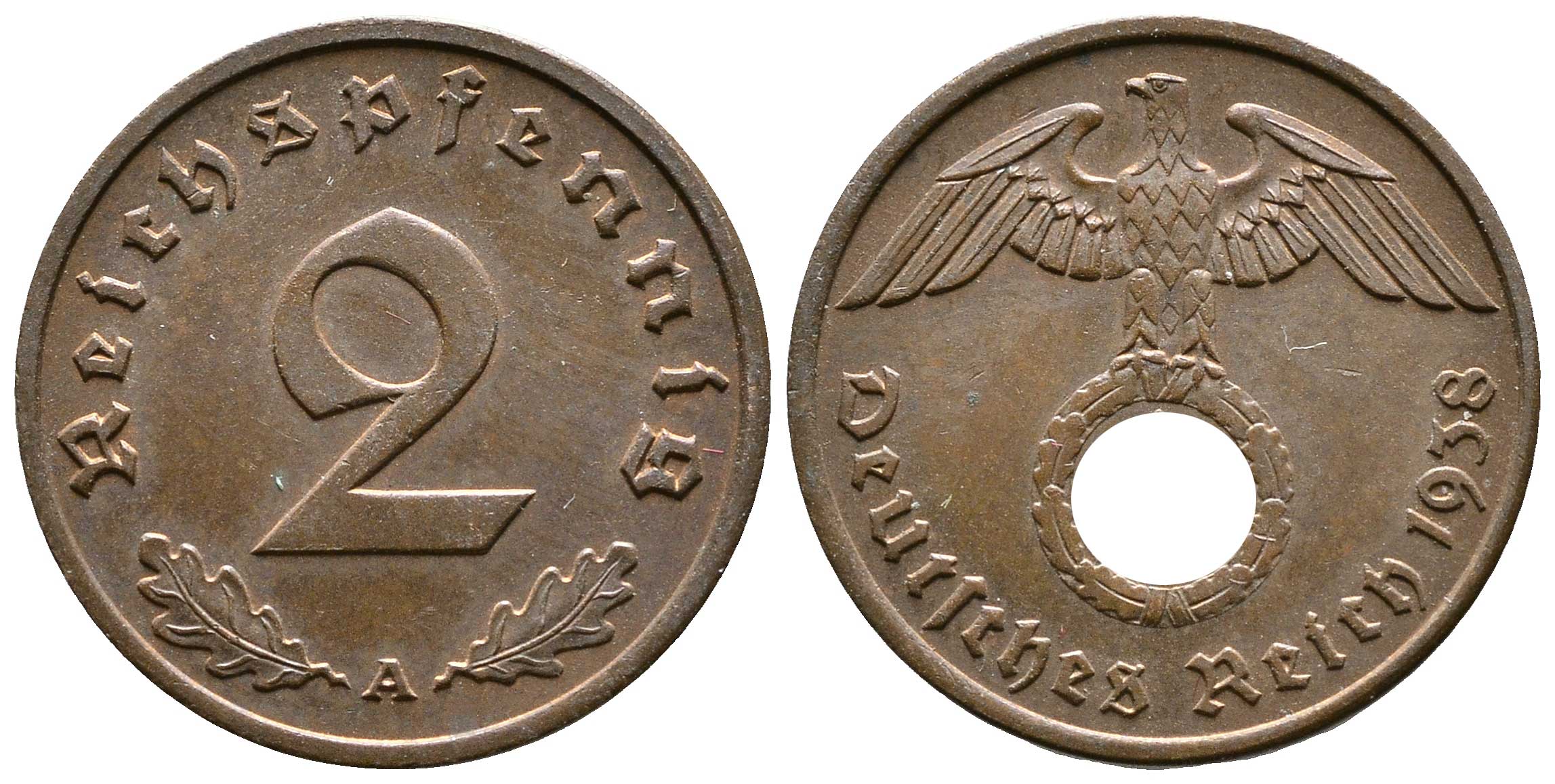Германия 2 рейхспфеннига 1938 A KM 90, J. 362 бронза 176-915