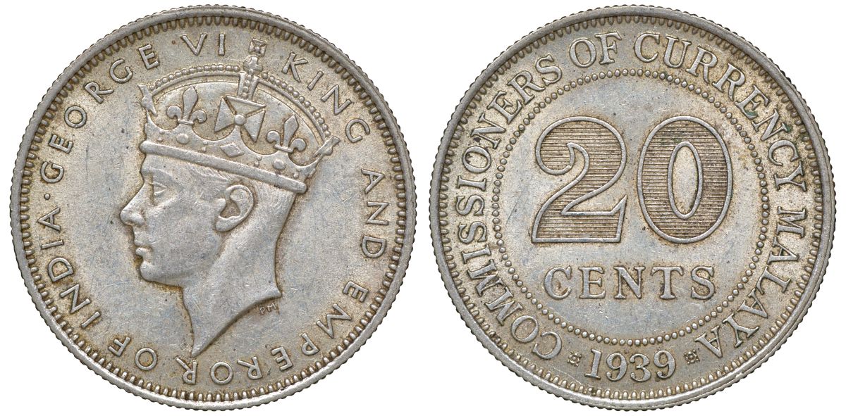 Британская Малайя 20 центов 1939 Георг VI (1937-1952) KM 5 серебро 53-351