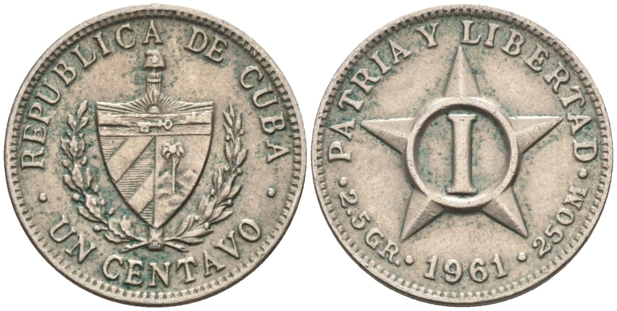 Куба 1 сентаво 1961 звезда, первая Республика (1902-1961) KM 9.2 медно-никель 3955-764