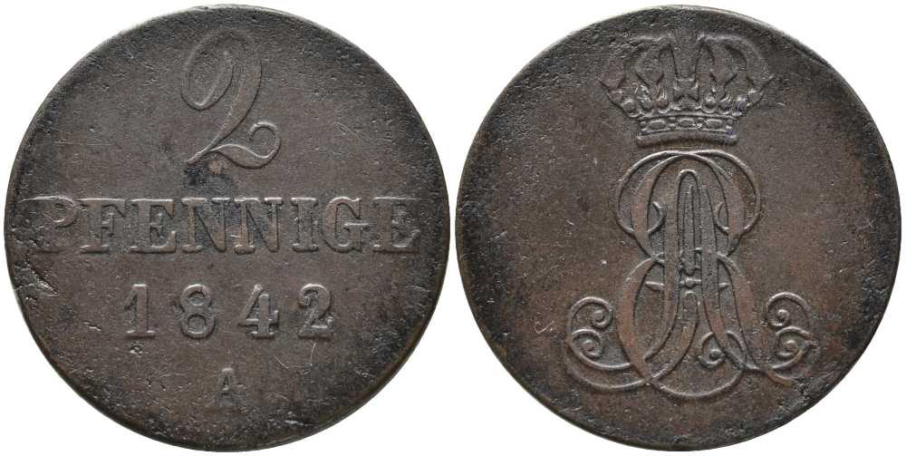 Ганновер 2 пфеннига 1842 А, ВИЛЬГЕЛЬМ IV (1830-1837) KM 174.1 медь 4448-1053