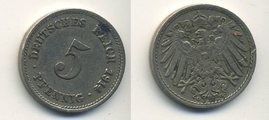 ГЕРМАНИЯ 5 ПФЕННИГОВ 1914 G, KM 11, J. 12 медно-никель 54-236