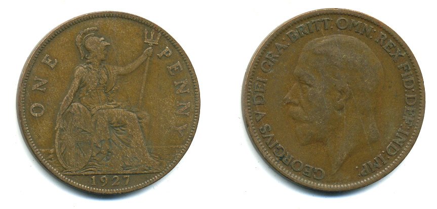 Великобритания 1 пенни 1927 Георг V (1910-1936) КМ 826, Spink 4054 бронза 41-922