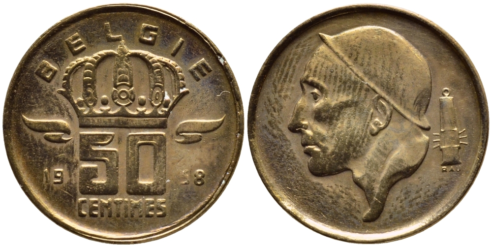 БЕЛЬГИЯ 50 САНТИМОВ 1958 BELGIE KM 149.1 бронза 4392-819