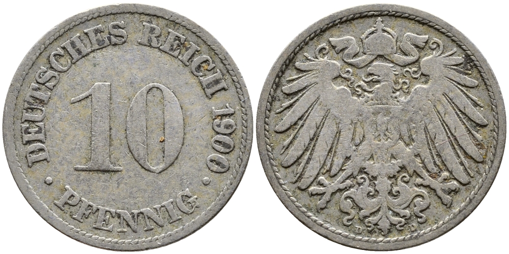 Германия 10 пфеннигов 1900 D KM 12, J. 13 медно-никель 25-332