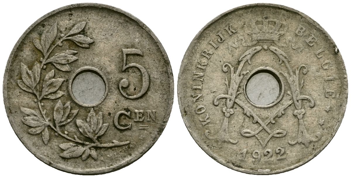 Бельгия 5 сантимов 1922 Belgie KM 67 медно-никель 4173-247