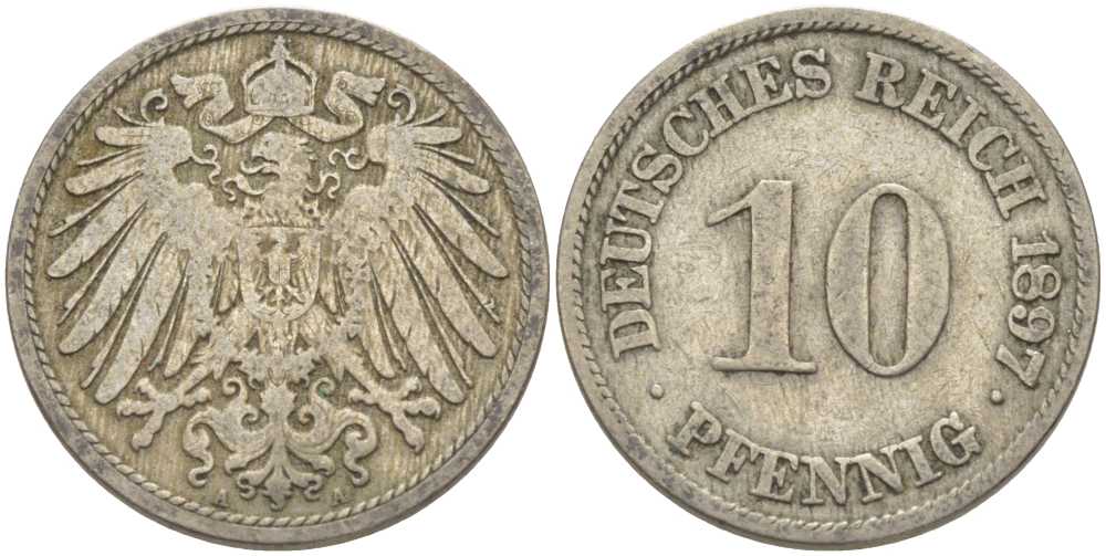 Германия 10 пфеннигов 1897 А KM 12, J. 13 медно-никель 210-631