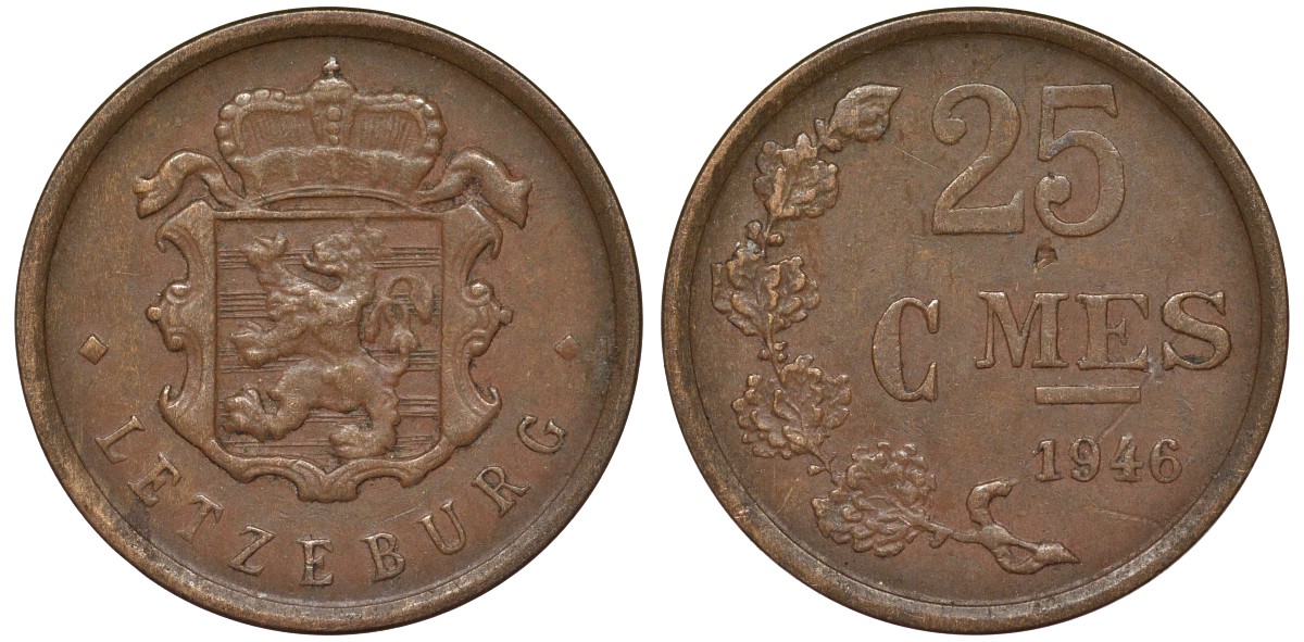 Люксембург 25 сантимов 1946 Шарлотта (1918-1964) KM 45 бронза 4164-355