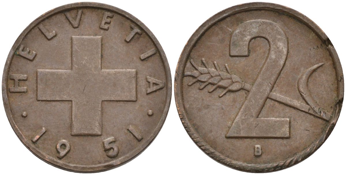 Швейцария 2 раппена 1951 В KM 47 бронза 4114-1233