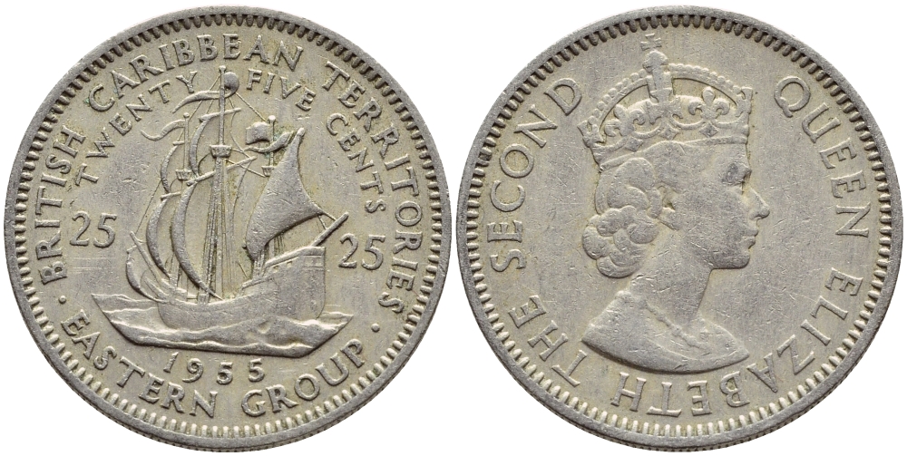 Британские Восточно-Карибские территории 25 центов 1955 Елизавета II (1952-2022), парусник KM 6 медно-никель 76-856