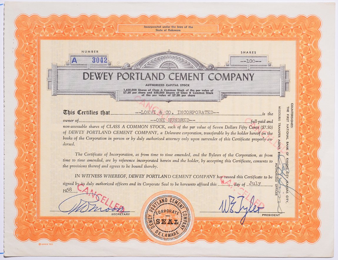 США 100 акций 1958 Портлендской цементной компании   бумага   5547-7-1-1