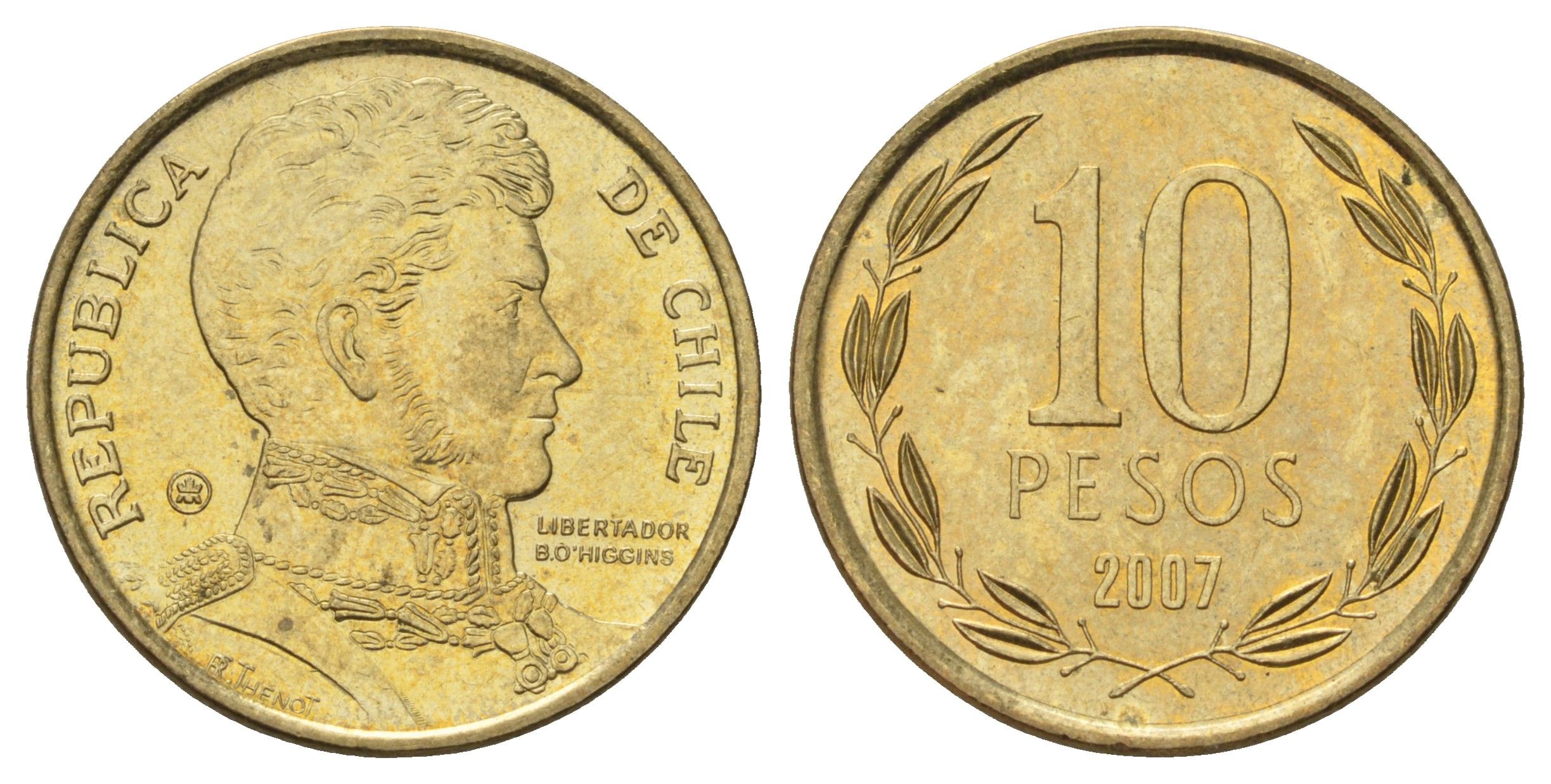 Чили 10 песо 2007 KM 228 никель латунь UNC 4171-557