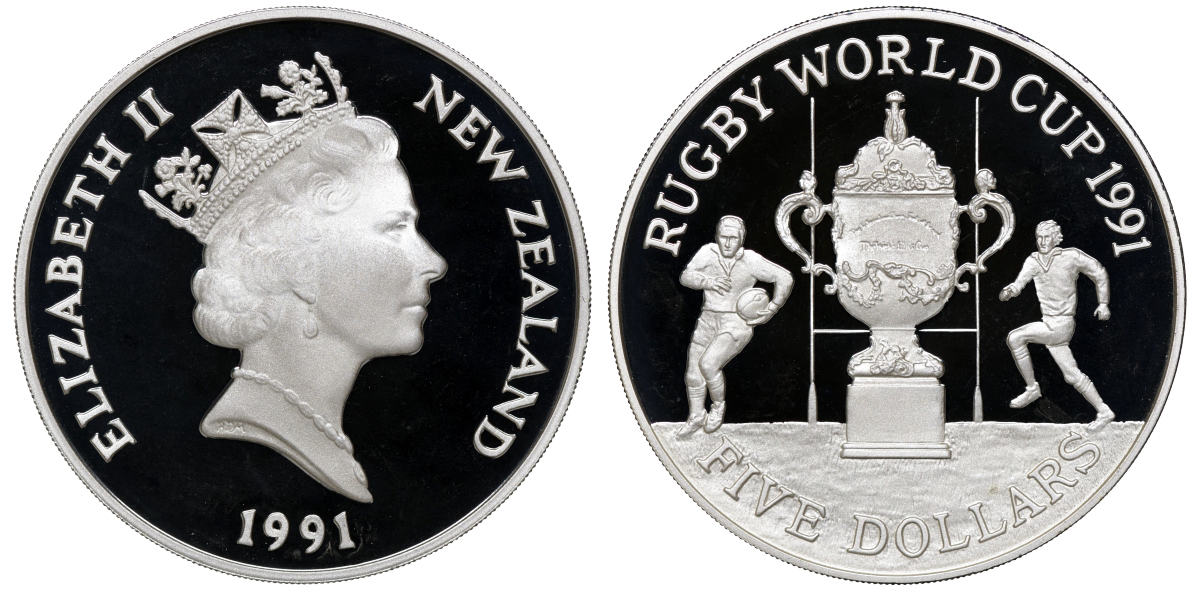 Новая Зеландия 5 долларов 1991 чемпионат по регби среди стран Содружества, с сертификатом KM 80а серебро PROOF 5-4-5-24