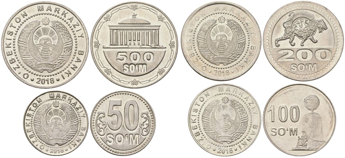 Узбекистан набор из 4 монет (50, 100, 200 и 500 сум) 2018 KM 36-39 сталь плакированная никелем UNC KOM1-14-18