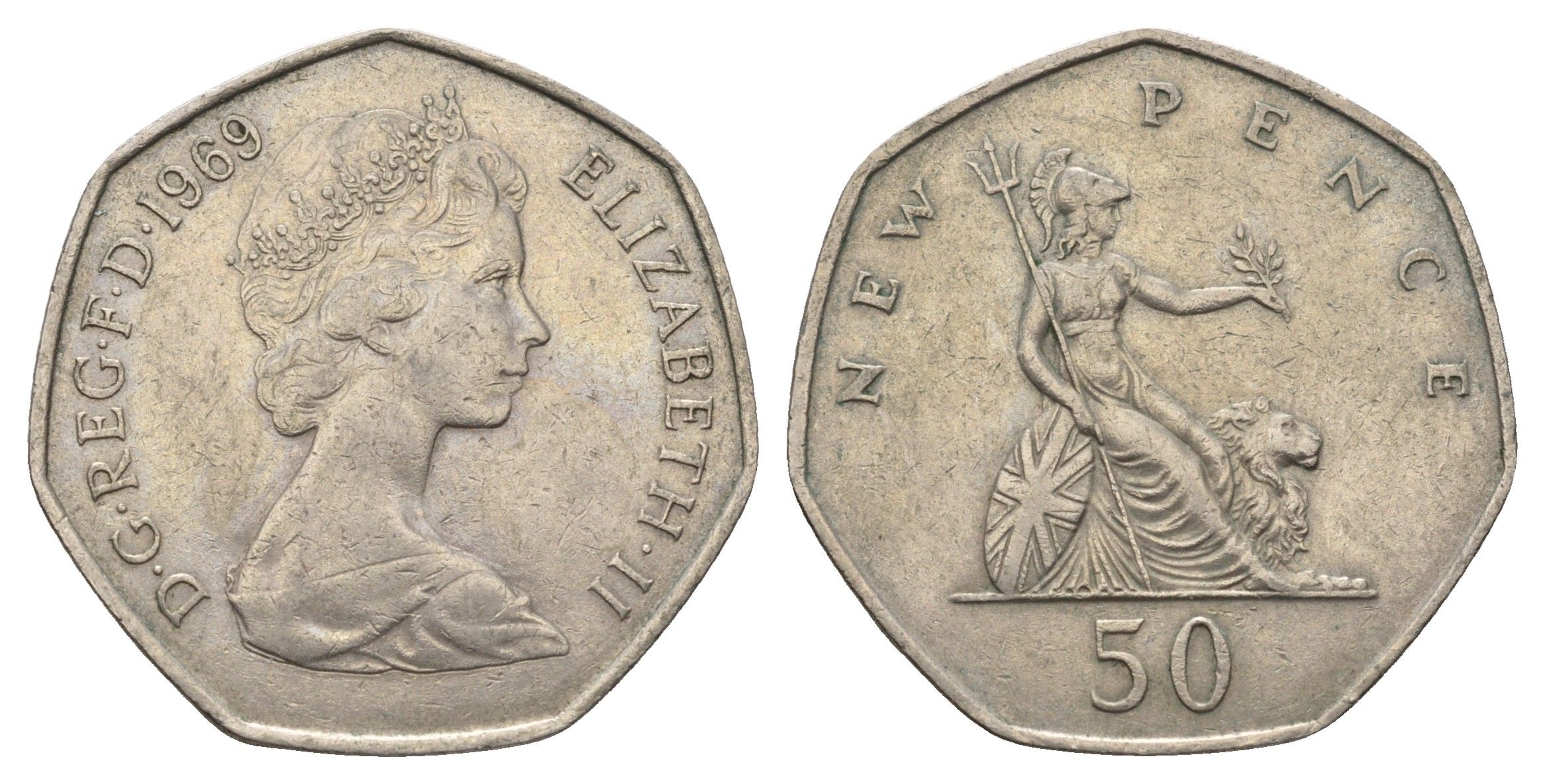 Великобритания 50 пенсов 1969 Елизавета II (1952-2022) KM 913, Spink 4223 (H1) медно-никель 4653-522