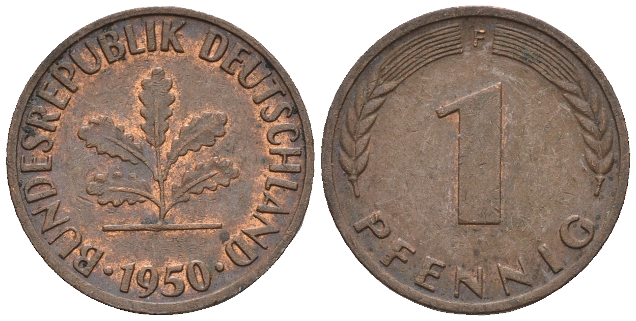 ФРГ 1 пфенниг 1950 F KM 105, J.380 сталь плакированная медью 4609-326